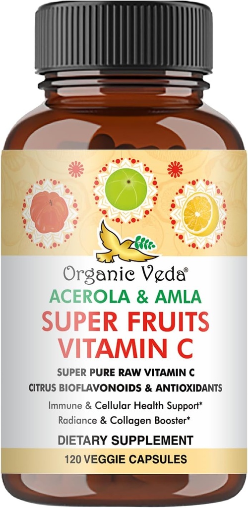 Bio Veda Superfruits Capsule de vitamine C avec cerise acérola et baies d'Amla - Complément de vitamine C naturel complet avec agrumes bioflavonoïdes pour l'immunité, la santé cellulaire et la peau - 120 pilules véganes
