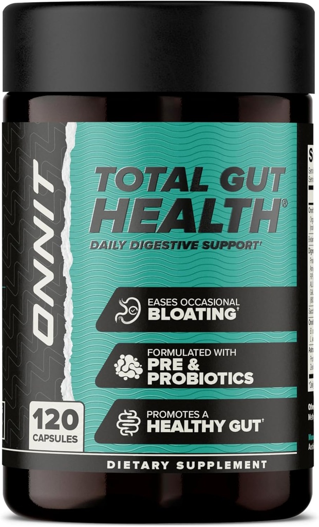 ONNIT Total Gut Health Daily Digestive Support, IGENTM Supplément de digestion non-OGM testé pour les femmes et les hommes avec 7 souches de probiotiques, de prébiotiques, d'enzymes et de bêtaine HCL, 120 Nombre