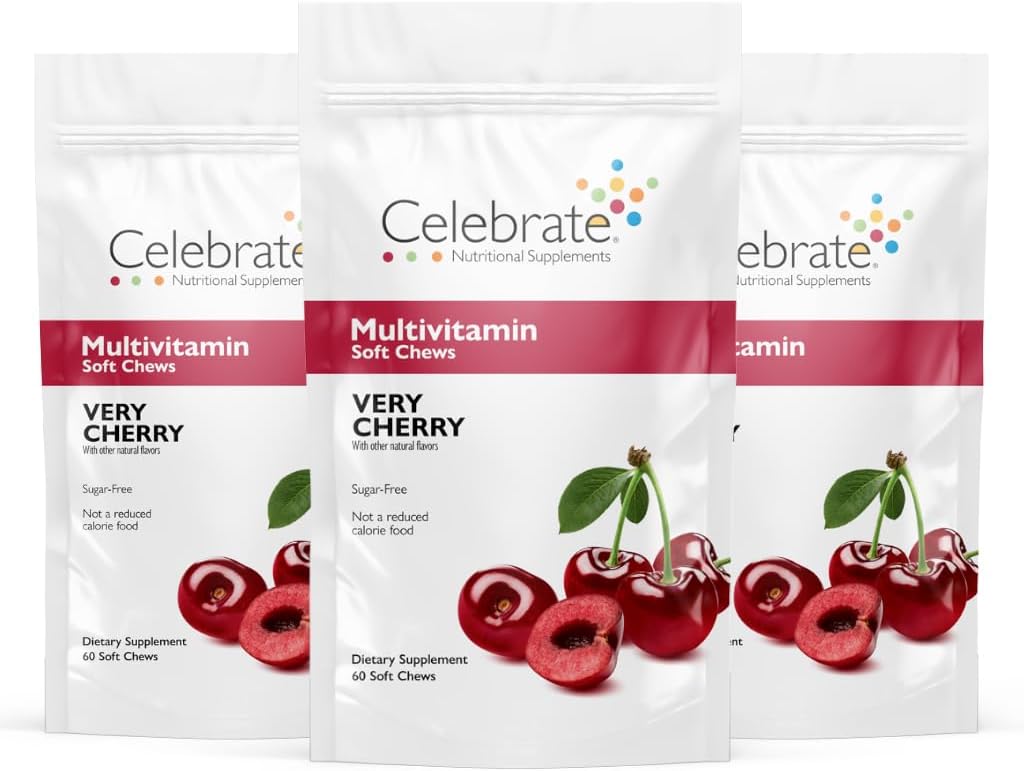 Célébrez les vitamines Bariatric Multivitamin Soft Chews - Vitamines essentielles et minéraux, sans sucre et sans gluten - Supplément gastrique de bypass et gastrectomie à manches - Cerise (180ct)