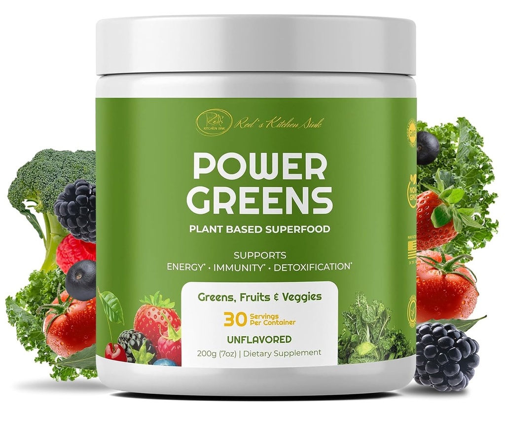 Red's Kitchen Sink Power Greens Poudre - Poudre quotidienne de superaliments de Greens - Mélange de smoothies fruités, veggies et feuilles vertes - Superfoods Racine de maca, Spiruline, Chlorella, et plus (200 grammes)