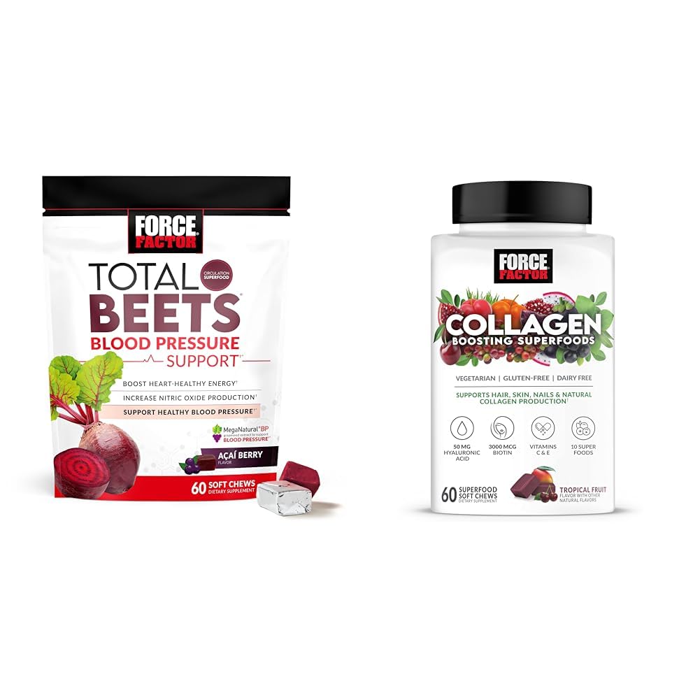 Facteur de force Betteraves totales Soutien de la pression artérielle 60 Chews et Collagen Boosting Superfoods 60 Chews doux pour la santé cardiaque, la peau, les cheveux et les ongles