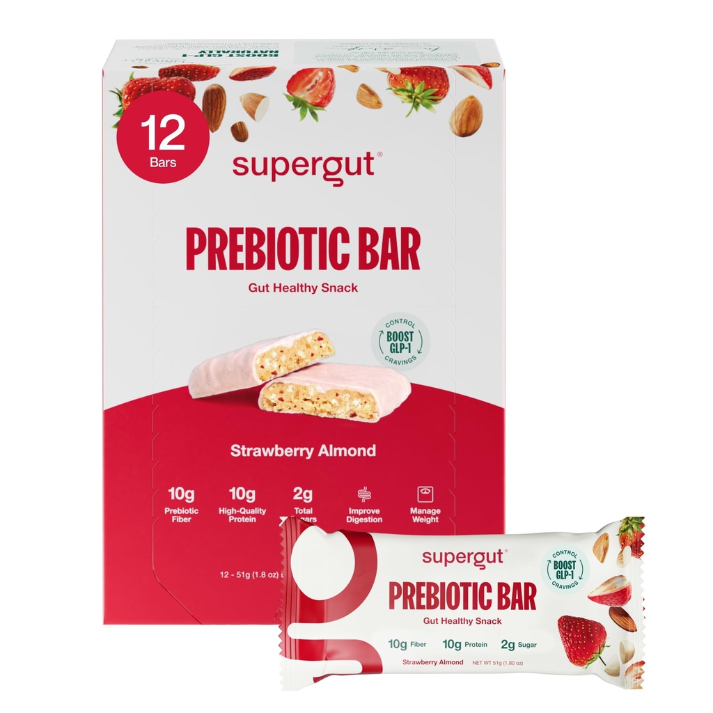 Supergut GLP-1 Boosting Prebiotic Bars, Fraise Almond - Gut Healthy Protein Snacks & Breakfast Bars - Barres d'énergie de remplacement de repas pour Gut Health (12 comte)
