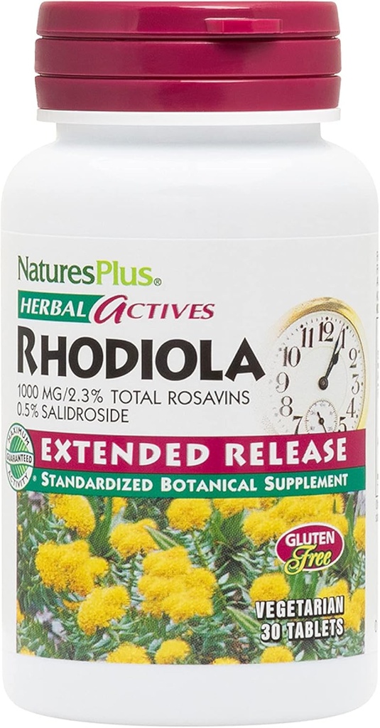 Natures Plus Rhodiola, libération prolongée - 1000 mg, 30 comprimés végétaliens - Supplément à base de plantes pour l'énergie, la concentration et le stress - Végétarien, sans gluten - 30 portions