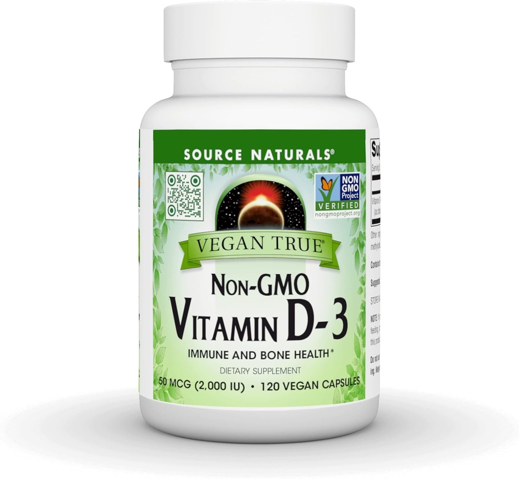 Source Naturelle Vrai végétalien, Vitamine D-3 non OGM, Supplément alimentaire pour la santé immunitaire et osseuse*, 2 000 UI - 90 capsules