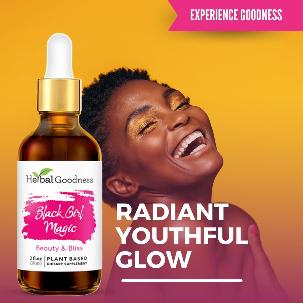 Herbal Goodness Black Girl Magic - Suppléments de peau pour les femmes, Radiant Skin Beauty Support, Essentiels aliments pour la peau, Suppléments Ashwagandha - 1 bouteille (2 fl oz)