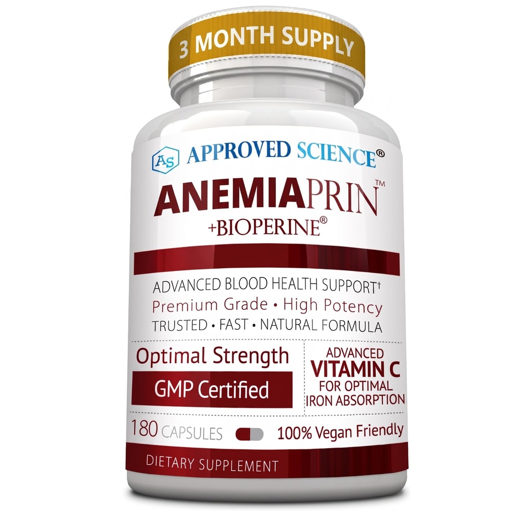 Science approuvée Anemiaprin - Fer absorbant, vitamine C - Douce sur l'estomac - 180 capsules - 3 mois d'approvisionnement - Non-OGM, végétalien