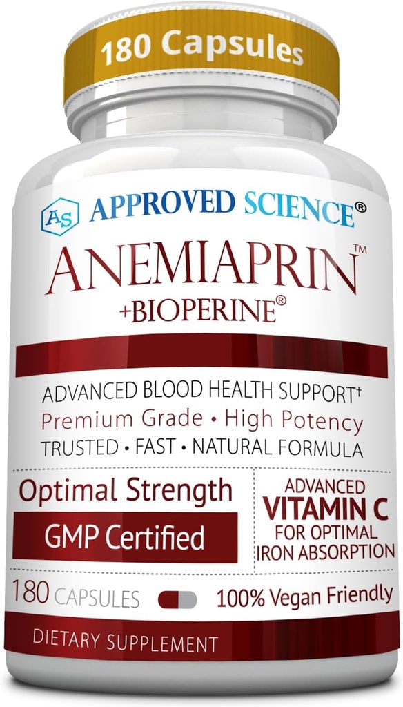Science approuvée Anemiaprin - Fer absorbant, vitamine C - Douce sur l'estomac - 180 capsules - 3 mois d'approvisionnement - Non-OGM, végétalien
