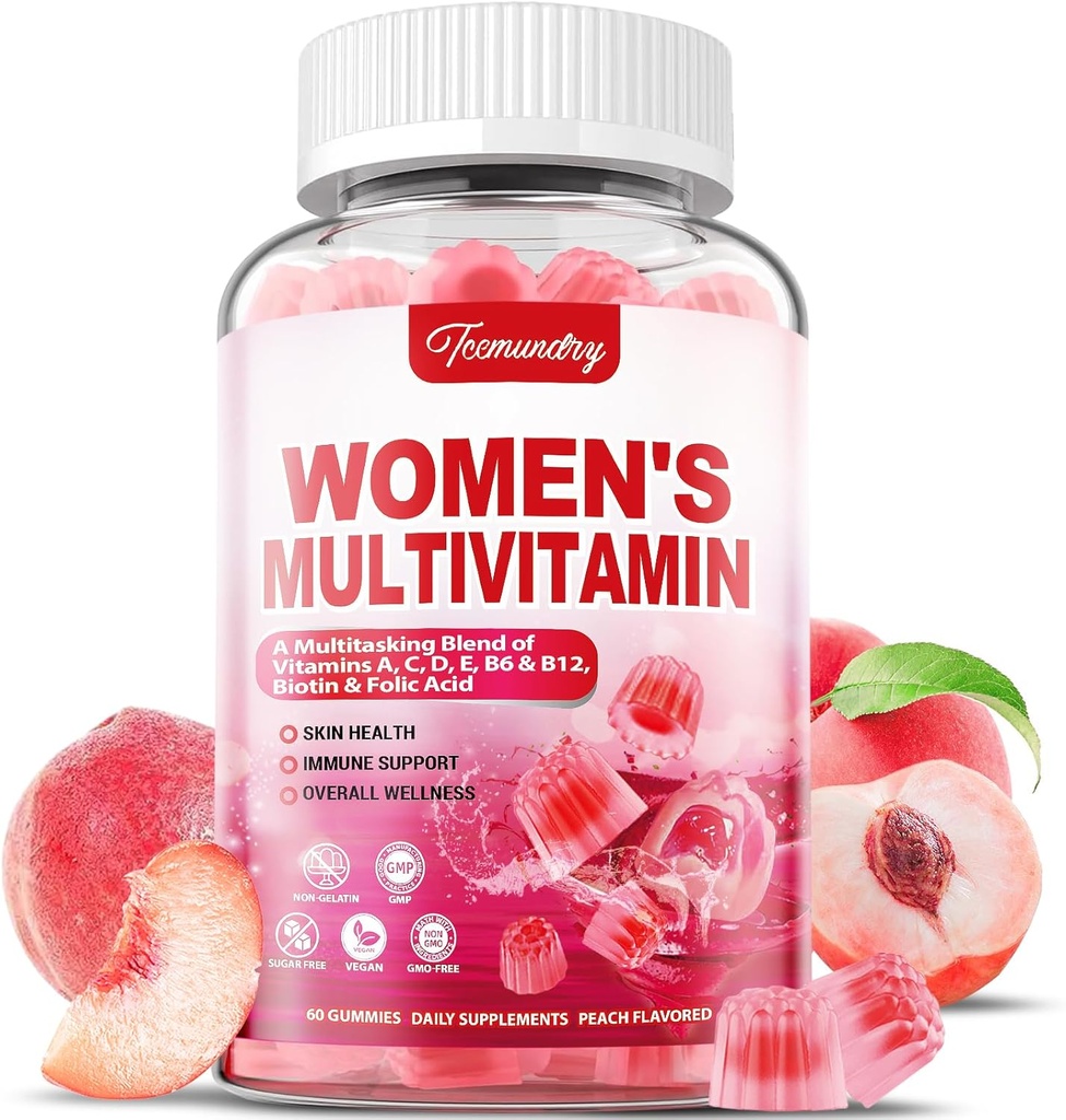 Gommies multivitamines pour femmes - Multivitamine sans sucre pour femmes avec des vitamines A, C, D, E, Niacine, Folate, B6 & B12, Fer, Calcium, Zinc - Multivitamines et minéraux pour la peau, les cheveux, l'énergie et l'Immune
