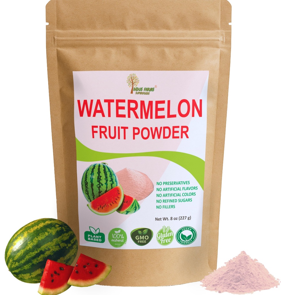 Indus Farms Superfoods Tous les fruits de la pastèque naturelle en poudre, électrolytes instantanés, pré-entraînement et supplément post-entraînement, enhancer de boissons, marinades, sauces, salades, masques visage, sans OGM, 8 oz