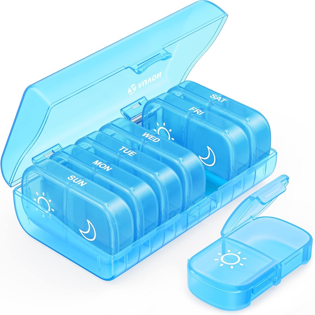 AUVON XL Organisateur hebdomadaire de pilules 2 fois par jour, boîte à pilules 7 jours avec des ouvertures de taille unique pour une utilisation facile, bleu AM PM Pill Case pour les médicaments, vitamines, huiles de poisson, suppléments