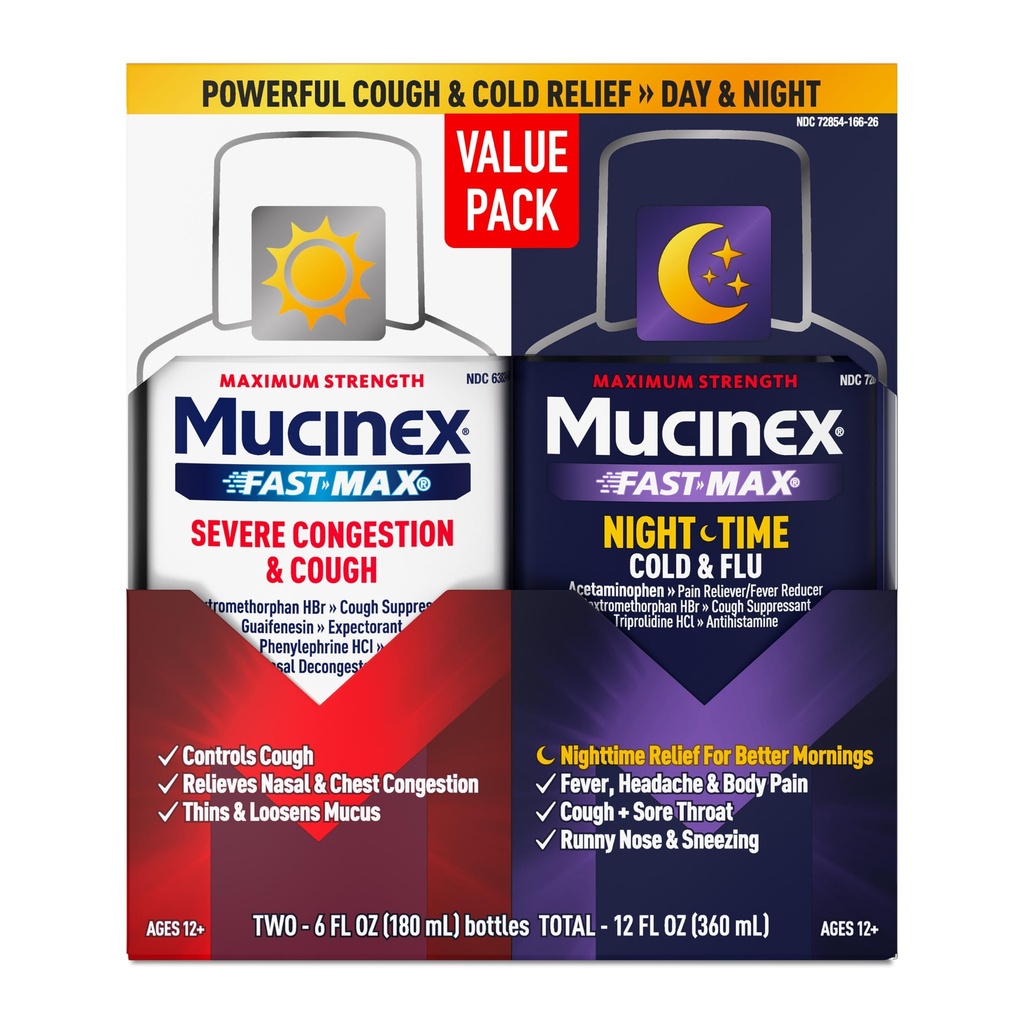 Mucinex Fast-Max & NightShift Combo Pack - Max Strength Cough & Cold Medicines Pour le soulagement du mucus, la congestion thoracique, la congestion nasale, la congestion sinusale, la pression sinusale, le soulagement du symptôme de la toux (2x 6 FL OZ)