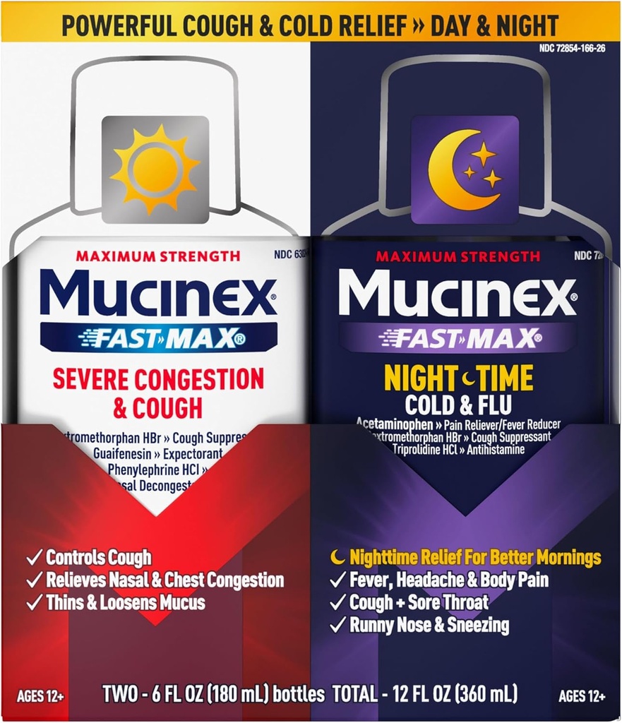Mucinex Fast-Max & NightShift Combo Pack - Max Strength Cough & Cold Medicines Pour le soulagement du mucus, la congestion thoracique, la congestion nasale, la congestion sinusale, la pression sinusale, le soulagement du symptôme de la toux (2x 6 FL OZ)
