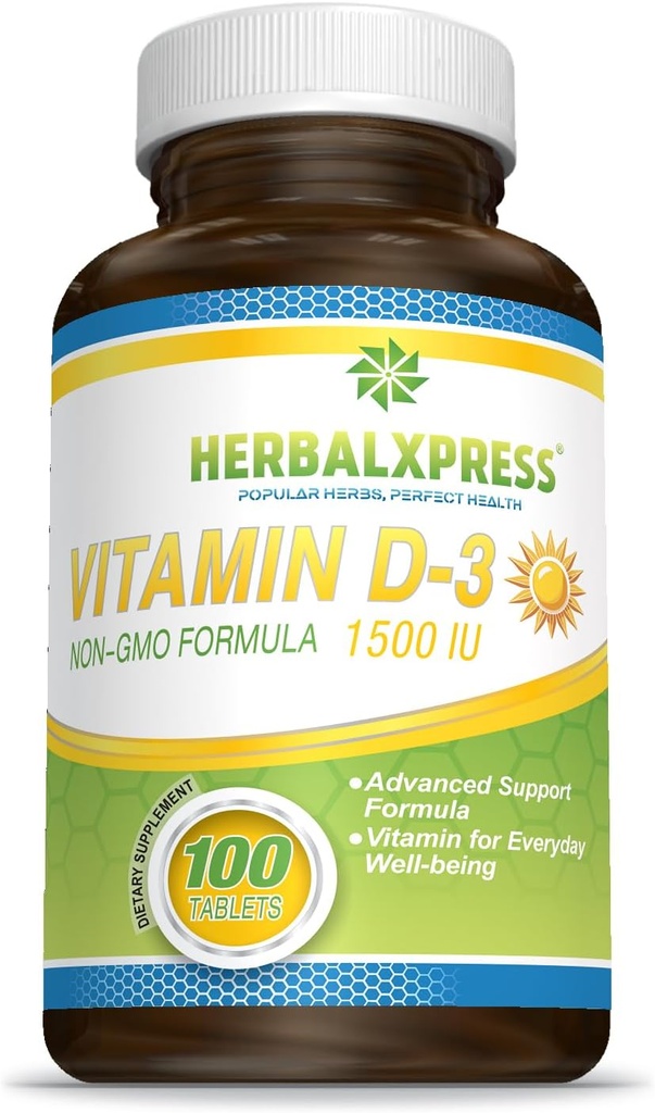 Herbalxpress Vitamine D (sous forme de cholecalciferol) 1500 UI (100 comprimés) est l'ajout parfait à un mode de vie sain, os, dents, muscles, fonction immunitaire, et bien-être, non-OGM et sans gluten.