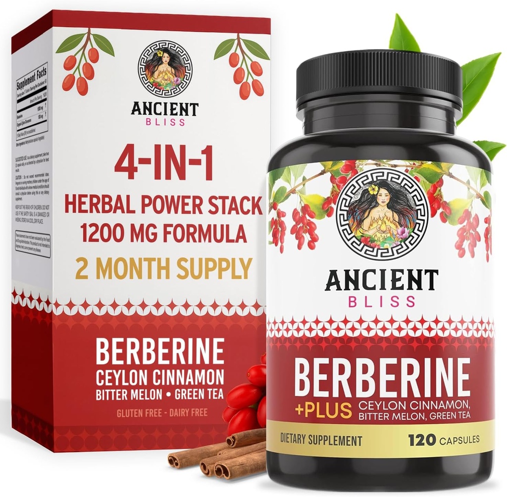 Ancienne Bliss Berberine HCL 1200mg avec Ceylan Cinnamon, Bitter Melon et Extrait de Thé Vert - 120 Capsules