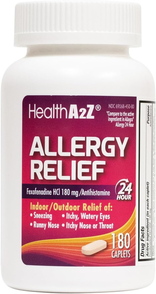 HealthA2Z® Allergy Relief | Fexofenadine Hydrochloride 180mg | 180 Caplets | Antihistamine | 24-Hour Antihistamine for Allergy Relief | Indoor/Outdoor Relief