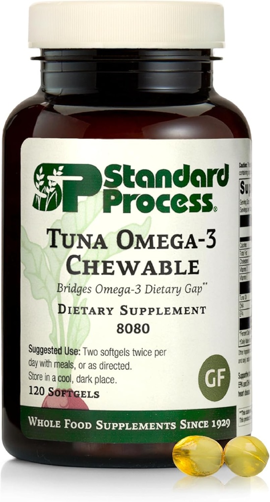 Tuna Oméga-3 à croquer - Supplément à l'huile de poisson avec DHA - Supplément Oméga-3 pour soutenir la santé du cerveau et des yeux - Excellente source d'antioxydants - Sans gluten et sans lait - 120 Softgels