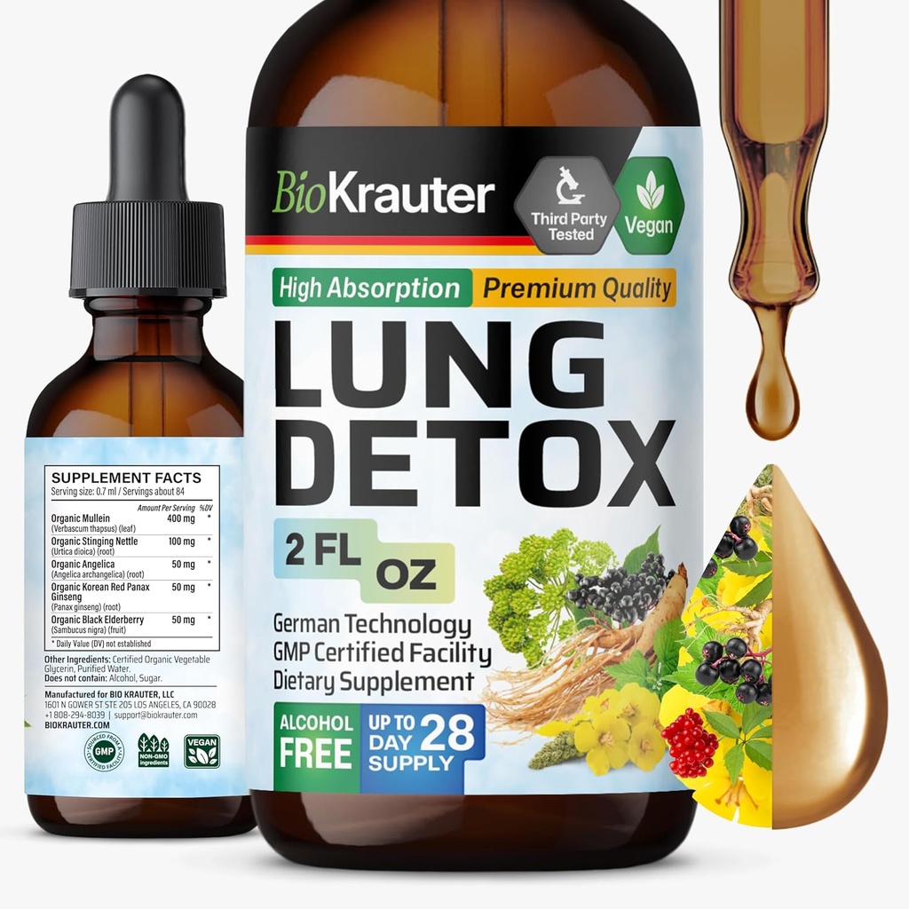BIO KRAUTER gouttes de désintoxication pulmonaire - Pur Vegan Lung Cleanse Liquid Form 2 Fl.Oz 28 jours d'approvisionnement - Mélange Mullein, Elderberry, Sting Nettle, Ginseng & Angelica Extraits - Support respiratoire
