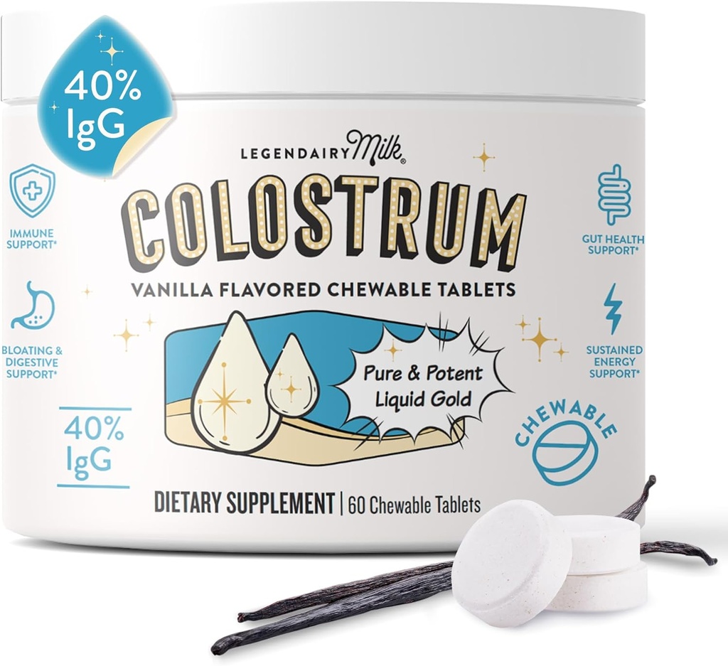 Lait légendaire Supplément Colostrum - Premium Bovin Colostrum pour les humains - 40% IgG Immunoglobuline pour le soutien immunitaire et la santé Gut - Récupération de l'énergie et des muscles - Comprimés à mâcher Vanilla, 30 portions