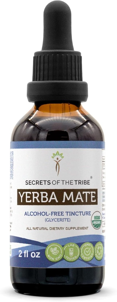 Secrets de la Tribe Yerba Mate Teinture biologique USDA Extrait sans alcool, gouttes à base de plantes à haute puissance.