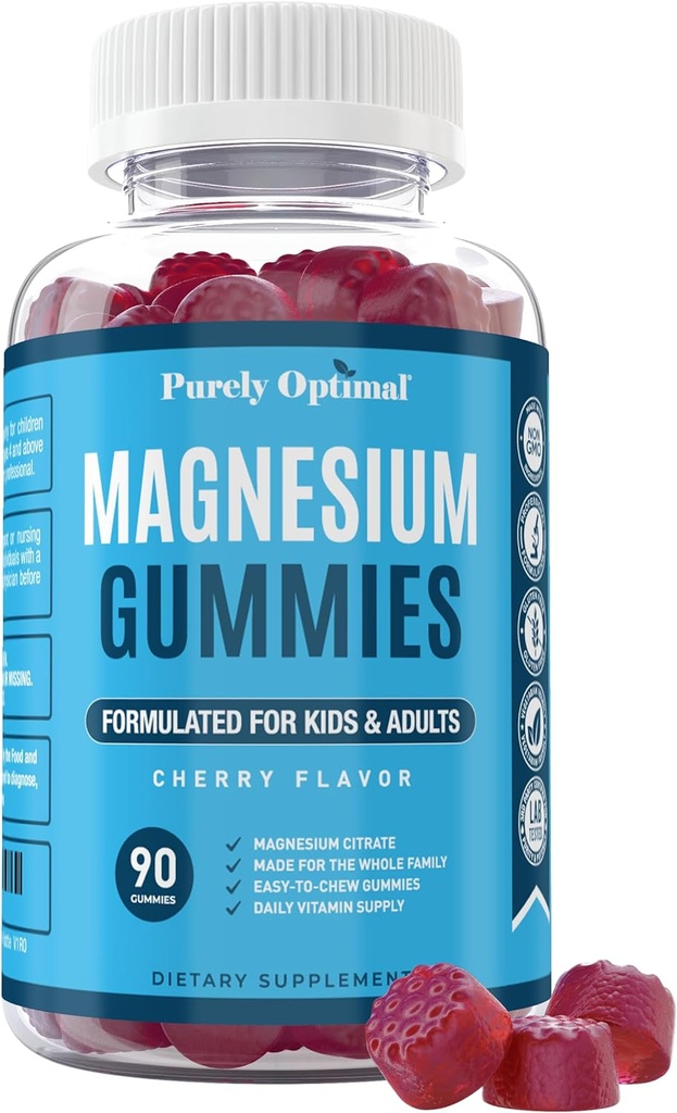 Citrate de magnésium purement optimal pour les enfants et les adultes - Delicious Cherry Flavor - Sommeil, Calme et Soutien digestif, Relaxation, Santé musculaire - Magnésium à croquer, Sans gluten, Vegan - 90 Gummies