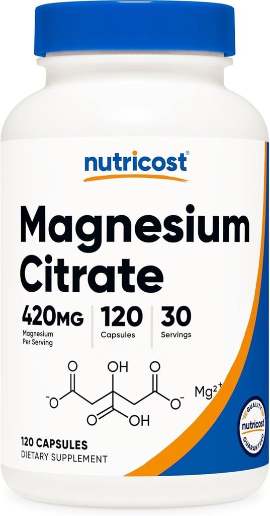 Citrate de magnésium Nutricost 420mg, 120 Capsules de légumes - 30 portions, sans gluten, supplément non OGM