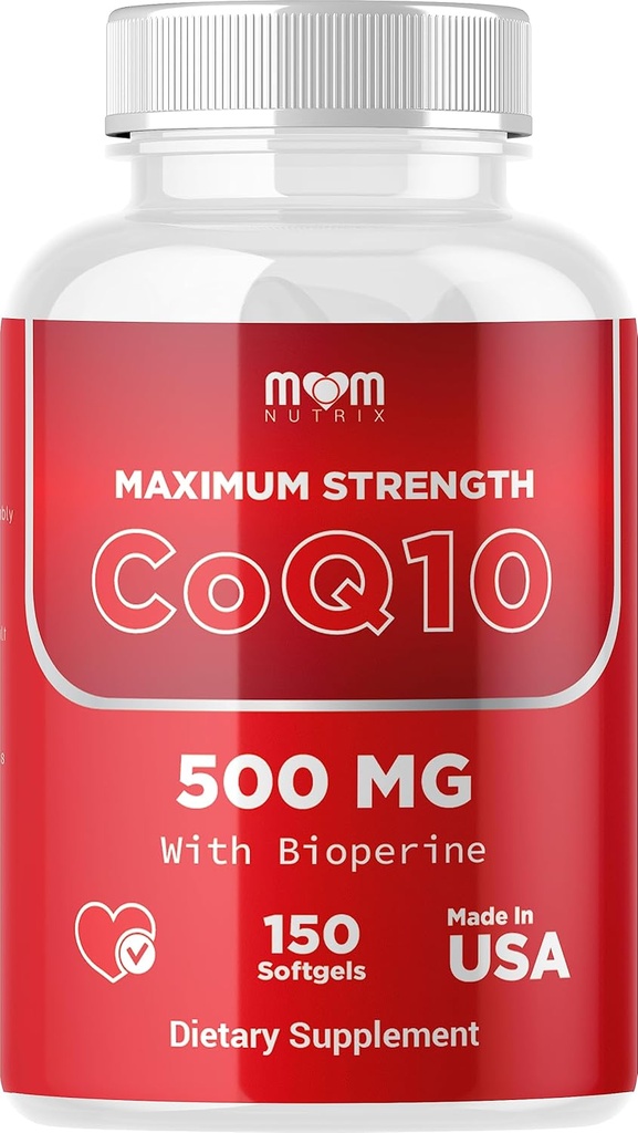 MOM Nutrix CoQ10 500mg – Soutien à la production d'énergie cellulaire – Meilleure absorption avec la biopérine – 150 Softgels – Fabriqué aux États-Unis
