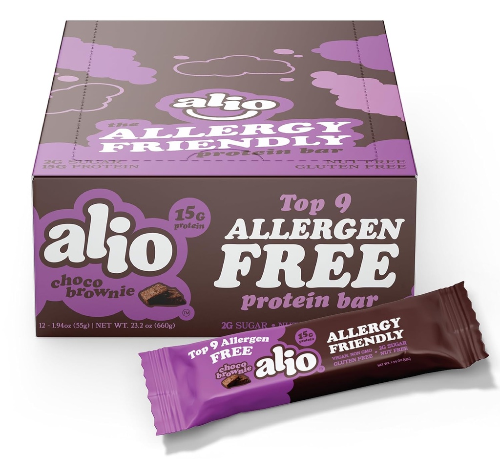 Barres de protéines d'Alio - Choco Brownie (12 barres) – Exemptes des 9 principaux allergènes alimentaires, haute protéine, faible-calorie, végétalien, sans gluten, sans noix, sans OGM, à base végétale, sans huile de graines, délicieux et sain Snack