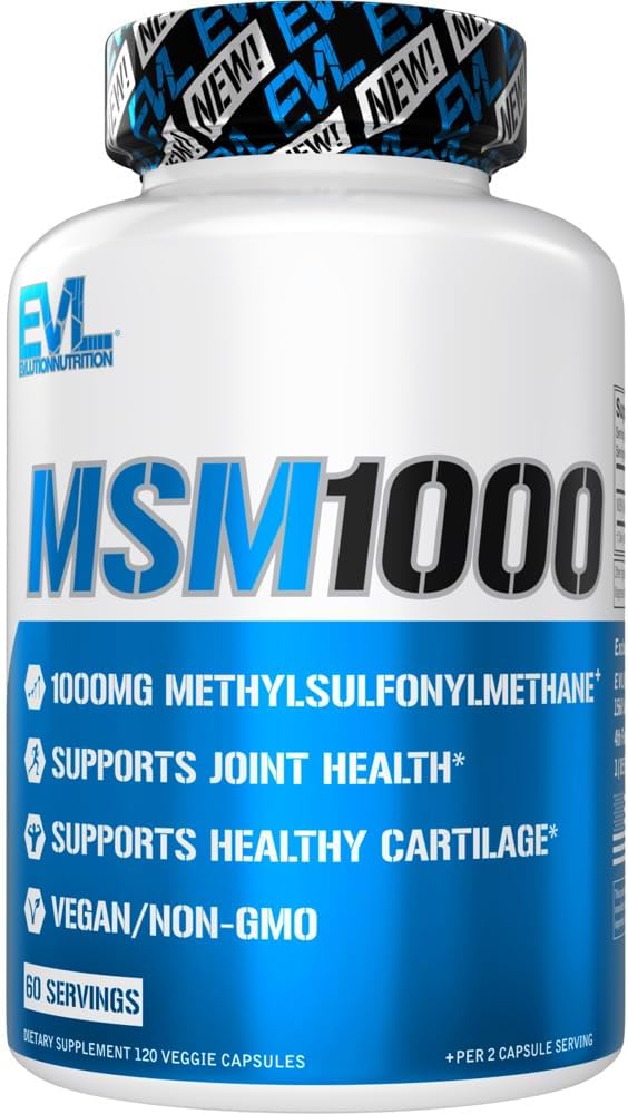 Evlution Nutrition MSM1000-1000 MG Methylsulfonylmethane Supplement - Joint Health Support - Cartilage Supplement - Vegan + Non-GMO MSM Capsules - 60 Servings