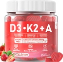 Vitamin D3 10000iu + K2 MK7 + A Gummies with Calcium Magnesium Zinc for Women & Men, High Potency ADK Vitamin Supplement Supports Healthy Immune System, Bone and Vision Function, Sugar Free 120 Cts