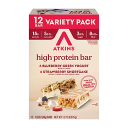 Atkins Blueberry Greek Yogurt & Strawberry Shortcake High Protein Bar, haute fibre, Keto Friendly, 12 Comte (6 barres chaque saveur)
