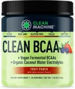 Clean BCAA - 2:1:1 Alimentation d'origine BCAAs Poudre et eau de noix de coco Electrolytes Récupération et supplément d'énergie Amino - Supplément d'acide amino végétalien primé - 30 portions (30, punch de fruits)