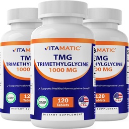 Vitamatic TMG Supplements 1000mg - Trimethylglycine - Betaine Anhydrous - 120 Tablets - 120 Servings - Non-GMO & Gluten Free (3 Bottles)