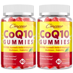 CoQ10 Gummies avec PQQ - 400 MG Coenzyme Q10 haute puissance, amélioré avec des herbes ayurvédiques, mélange de champignons adaptogènes et probiotiques pour le coeur, le cerveau, l'énergie, l'immunité, cerise Flavor, 120 Gummies végétaliens