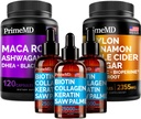 5-en-1 Ceylan Cinnamon (120ct), 4-en-1 Biotine Collagen Keratin Saw Palmetto (2 fl oz - 3 Pack) et 6-en-1 Maca Root Ashwagandha (120ct) Bundle - Énergie, humeur, cheveux, peau et crème de soutien