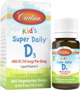 Carlson - Super Daily D3, gouttes de vitamine D pour les enfants, 400 UI par goutte, 1 an d'approvisionnement, Santé du coeur et de l'igname, Végétarien, gouttes de vitamine D liquide, décoloré, 365 gouttes