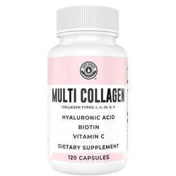 Capsules de collagène avec biotine, acide hyaluronique, vitamine C, gélules de peptide multi collagène hydrolysées de types I, II, III, V, X Pour la peau, les cheveux, les ongles et le supplément de santé articulaire* 120 Compte