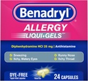 Benadryl Liqui-Gels Allergie Médecine, Capsules de gel liquide sans colorant avec 25 mg de Diphenhydramine HCl Antihistamine pour soulager les symptômes d'allergie et de froid comme Runny Nez et éternuement, 24 ct
