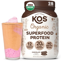 KOS Vegan Protein Powder Erythritol Free, Chocolat - Mélange de protéines de pois organiques, super-aliments à base de plantes riches en vitamines et minéraux - Keto, sans produits laitiers - Remplacement des repas pour les femmes et les hommes, 28 portions