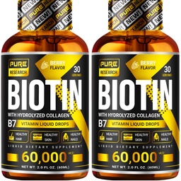 RECHERCHE SUR LA PURE Biotine et collagène 60.000mcg Pertes liquides de croissance des cheveux, soutient : Les ongles forts, la peau brillante, la croissance des cheveux sains, plus d'absorption que les capsules et les pilules (4Fl Oz)