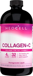 NeoCell Collagen Peptides + Vitamine C Liquide, 4g Collagène par portion, sans gluten, types 1 et 3, favorise une peau saine, cheveux, ongles et soutien articulaire, grenade, 16 Oz