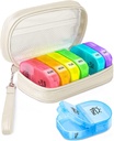 Organisateur de pilules mignon 2 fois par jour, étui de pilule en cuir PU pour femmes, Pill Box hebdomadaire portable pour la purée avec sac de stockage pour tenir les vitamines, médicaments, huiles de poisson, suppléments (Beige)