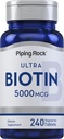 Piping Rock Biotin 5000mcg, 240 comprimés, supplément de vitamine beauté, végétarien, sans OGM, sans gluten