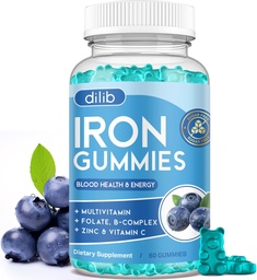 Gommies de fer avec multivitamine, supplément de fer pour les femmes et les hommes avec zinc, complexe de vitamine B & C, B12, Folate - Blood Builder & Energy Support pour les adultes et les enfants - Blueberry Flavor, Vegan 60 Gommies