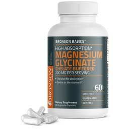 Bronson Magnésium Glycinate 200mg Haute Absorption Doucement Bouffée Chéré sur l'estomac non-OGM, 60 Capsules végétariennes