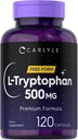 Carlyle L-Tryptophan 500mg | 120 Capsules | Amino Acid Supplement | Free Form | Premium Formula | Non-GMO & Gluten Free