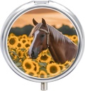 Round Metal Pill Box,Yellow Sunflower Horse Printed Travel Pill Organizer Portable Pill Container Small Pill Box for Purse and Pocket for Storing Vitamins, Medicines and Supplements