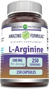 Formules étonnantes L-Arginine Supplément de 500 mg 250 capsules d'acide amino pour les hommes et les femmes d'origine non-OGM d'origine américaine