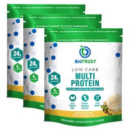 BioTrust Poudre de protéines à faible teneur en glucides – Mélange naturel et délicieux de lactosérum et de la caséine de vaches sans hormones à l'herbe – Non OGM, sans soja, sans gluten, sans hormones (Vanilla, 3-Pack)