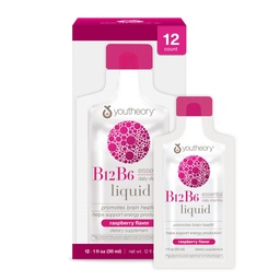Youtheory Vitamin B12 B6, Daily Energy and Brain Support Supplement, Liquid Raspberry Flavor, 12 – 1oz Single Serving Packets