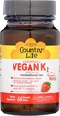 Country Life Vitamine végétalienne K2, 500 mcg, complexe double spectre MK-4 et MK-7, soutient la santé des os et des dents, 60 comprimés à croquer, goût de fraise